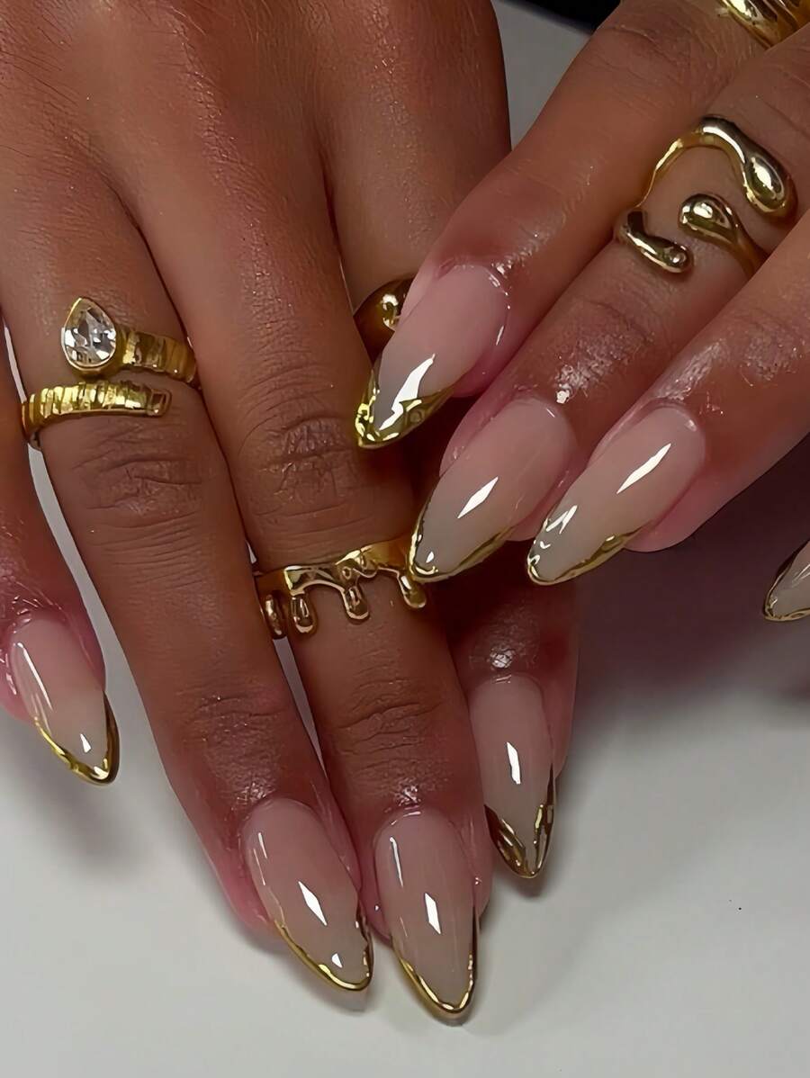 24 件长杏仁经典优雅高级不对称金线法式指甲，提升您的风格，包括：1 件果冻胶和 1 件指甲锉，法式杏仁尖指甲，适合女士女孩日常工作节日派对使用按压指甲美甲用品指甲