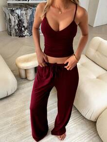 GAOVOT 2pcs Women's Sexy Casual Deep V Backless Camisole And Loose Straight Leg Pants Set, Autumn Summer Elegant - Burgundy - View 5