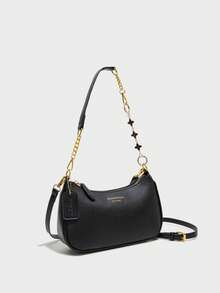 新款时尚经典多功能PU防水面料，字母图案装饰，纯色单肩新月包，腋下包，肩带黑色四叶草延长链条设计，时尚女士单肩包，轻便，适合购物和聚会，可随身携带。 - 黑色 - 查看 2