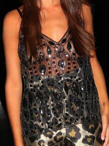 Women Semi See Through Sparkly Tank Top Sleeveless V Neck Floral Sequin Camisole Dance Rave Outfits - 黑色2 - 查看 8