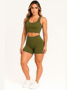 AKORIO MODAS Conjunto Top e Short  Moda Fitness Feminina Yoga corrida A11 - Verde - Visão 2