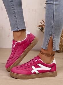 新款休闲运动鞋，时尚百搭仿麂皮系带女运动鞋，学生鞋 - 玫紅色 - 查看 4