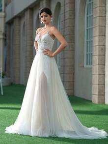 ANGELAG Spaghetti Strap Deep V Lace Embroidery Beaded Outdoor Slit Long Wedding Dress - Rice Skin - View 8
