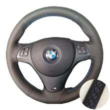 Volante de coche de cuero negro completo, funda de cuero suave trenzada para BMW E81 E90 Pack M Sport M3 E91 E92 E93 E87 E82 E88 X1 E84 - Tres hilos - Ver 7