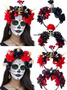 1pc Halloween Realistic Black & Red Skeleton Flower Headband, Dark Gothic Style Day Of The Dead Party Costume Accessory For Women - Multicolor - View 13
