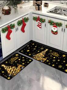 1pc 40x60cm / 50x80cm / 40x120cm Christmas Decorative Doormat, Black & Gold Christmas Tree Pattern With Golden Reindeer, Snowflake & Star Elements, Suitable For Christmas & Winter Home Decor, Entryway, Balcony, Holiday Decoration