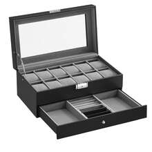 Watch Box, Watch Case With Glass Lid, 2-Tier Watch Display Case For 12 Watches, Lockable, 1 Drawer, For Rings, Bracelets, Gift Idea, Black Coating And Grey Lining - Black + Grey - View 8