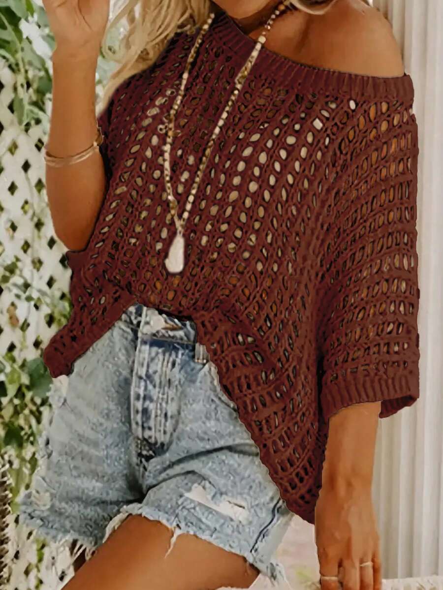 女士夏季短袖镂空套头针织毛衣，沙滩罩衫 - 棕色 - 查看 1