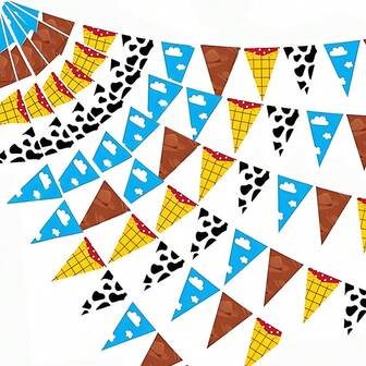 12pcs/24pcs Cartoon Story Birthday Party Decorations Toy Cartoon Story Birthday Party Supplies Blue Sky White Cloud Bunting Cow Print Triangle Pennant Flag Western Cowboy Party Hanging Pennant & Banner Decor Birthday Decorations BabyShower Outdoor Garden Supplies