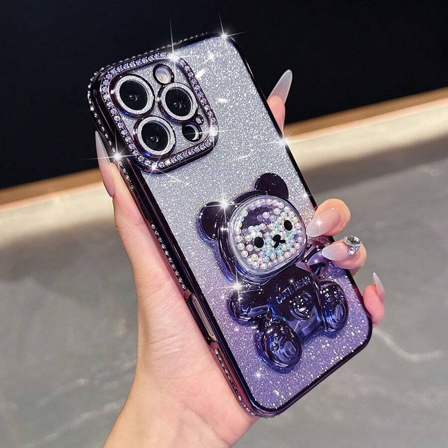 Ốp lưng điện thoại hình gấu hoạt hình lấp lánh gradient đính đá, kẹo lỏng, hạt nhựa, có thể gập lại, tương thích với iPhone 17 16e 15 14 13 12 Pro Max 14 15 Plus 11, Galaxy A05 A05S A06 A07 A17 A12 A13 A14 A15 A25 A33 A35 A52 A53 A54 A55, S23 S24 S25 EDGE, Mate 50 60, X9a X9b, Magic 5 Lite 6 Lite, S23 S24 S25, phiên bản quốc tế, không phải phiên bản nội địa. - Màu tím - Xem 1