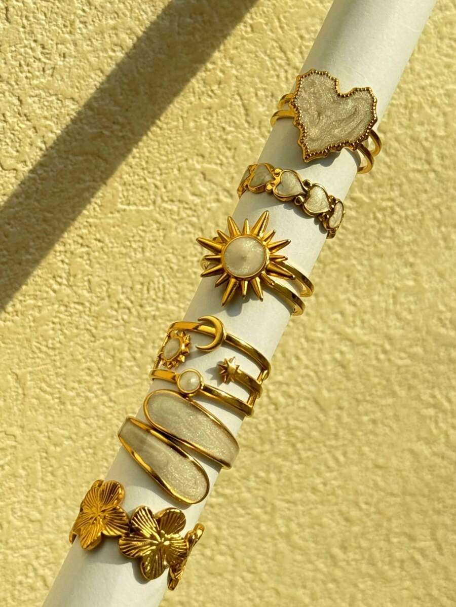 6pcs/Set Fashionable, Elegant, Unique, Exquisite, Luxury, Versatile, Charming Heart, Sun, Moon, Sunflower, Geometric Asymmetrical Glitter Drip Oil Rings Set, Suitable For Daily Wear, Festivals, Parties, Business Formal Events