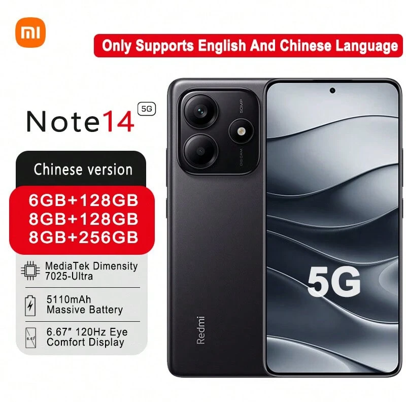 Xiaomi Redmi Note14 智能手机，搭载联发科天玑 7025-Ultra 处理器、5110mAh 高容量电池，性能持久，6.67 英寸大显示屏，超大音量，仅支持英语和中文 - 子夜黑 - 查看 1