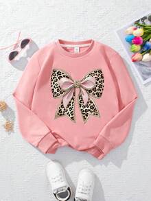 1 件女童可爱甜美风格豹纹蝴蝶结印花圆领运动衫，柔软舒适，春秋季日常校服 - 粉色 - 查看 2
