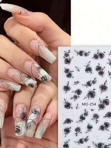 1黑玫瑰日系5d 3D薄透夜黑白玫瑰指甲贴复古半透血红玫瑰指甲贴DIY指甲贴自带背胶黑白玫瑰花朵指甲贴。