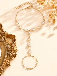 1pc Minimalist Faux Pearl & Crystal Decor Finger Ring Bracelet, Elegant Accessory For Women Wedding Party - Yellow Gold - View 2