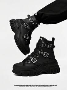 SLnU3 男士时尚厚底摩托车靴，纯色朋克街头学院风休闲工作服风格夜店户外扣式酷炫四季百搭