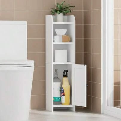 Small Bathroom Storage Corner Floor Cabinet With Door And Shelves Beside The Toilet Paper Stand For Skinny Narrow Toilet Paper Cabinet 9.8" D X 7.9" W X 31" H White