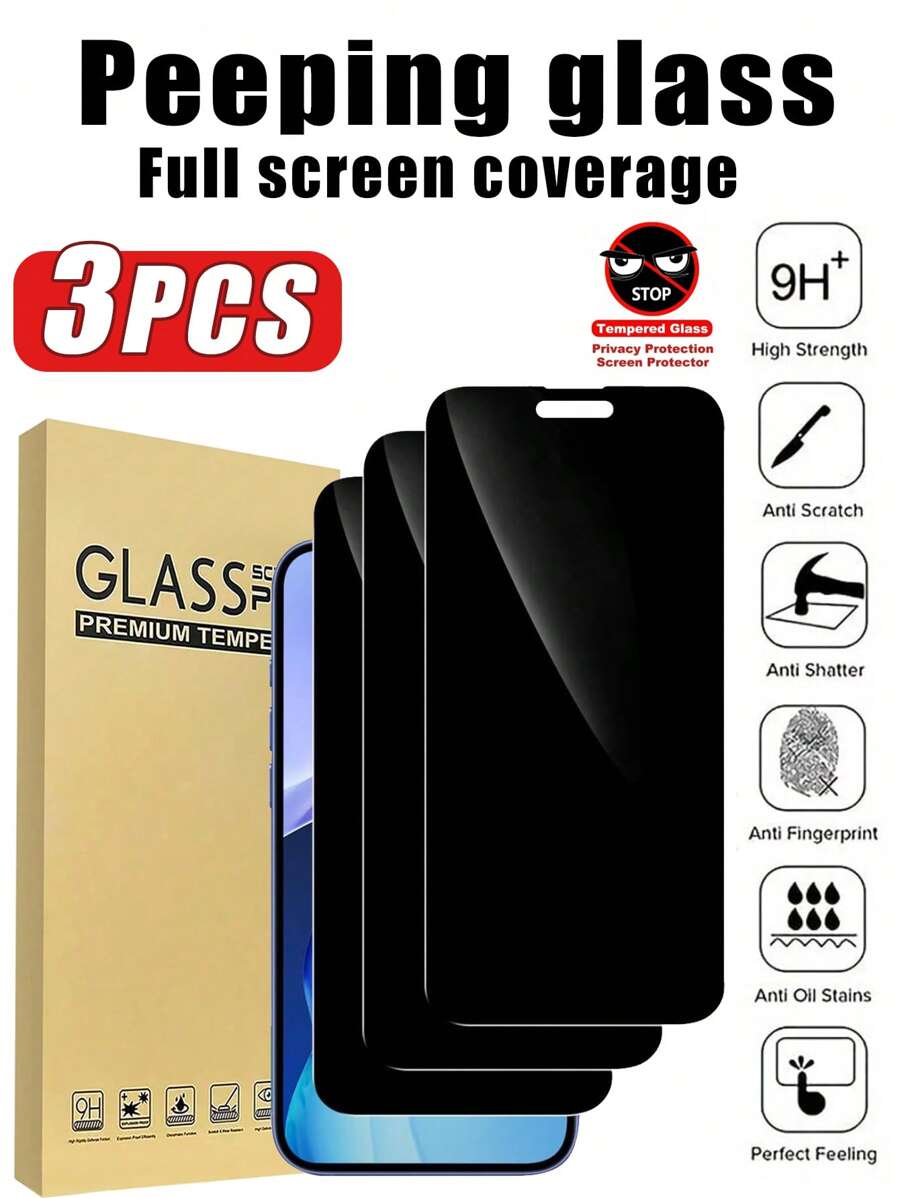 A 3 Packs Of Apple Privacy Screen Protectors Compatible With IPhone 17, 16 PRO MAX, 16, 16 PRO, 16 PLUS, 15 PRO MAX, 15, 15 PRO, 15 PLUS, 14 PRO MAX, 14 PRO, 14 PLUS, 13 PRO MAX, 13, 13PRO, 12, 11 XR, XS MAX, And XS. Tempered Glass, Anti-Privacy, Bubble-Free, Scratch-Resistant, Easy To Install, And Compatible With Phone Cases. - Black - View 1