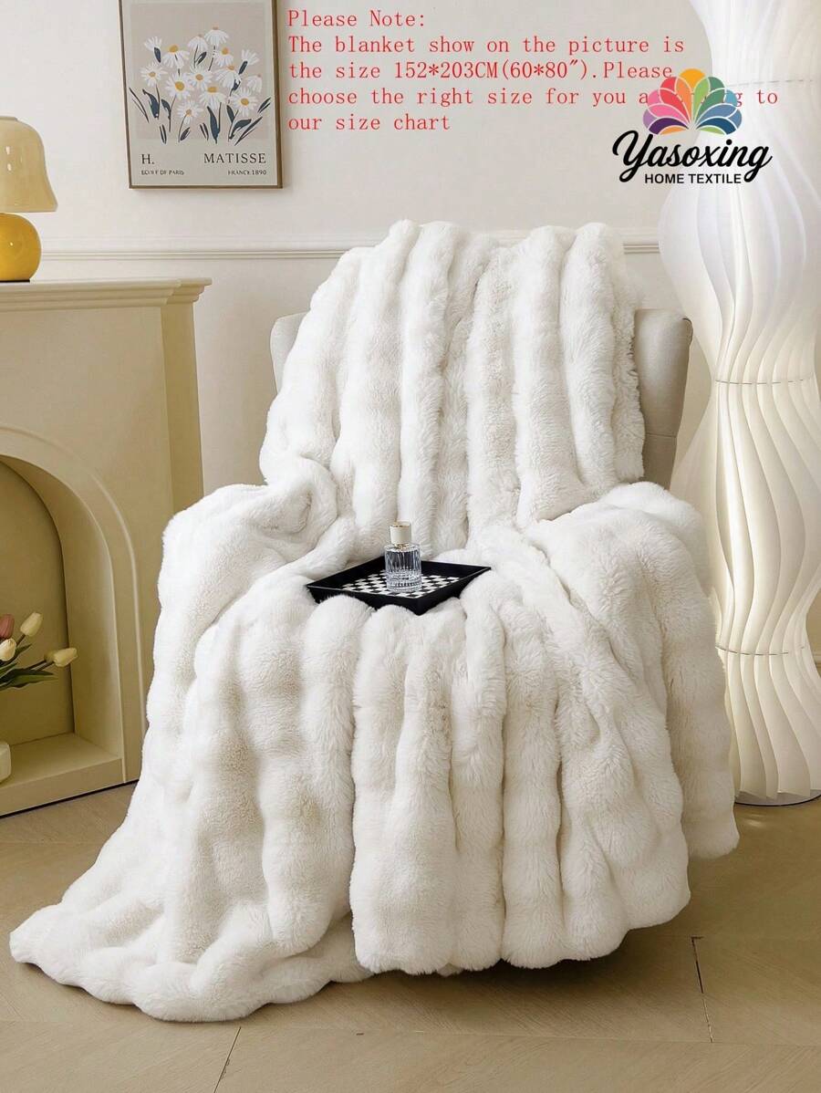 1pc White Warm Plain Cozy Rabbit Fur Plush Blanket Luxury Fluffy Long Plush Blanket Bedding Throw Soft And Comfortable Couches Blankets For Home, For Sofa, Living Room Domitory Bedding Back School Bedding - Beige - View 1