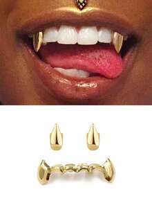 1 Set Of 6 Fang Teeth, Vampire Teeth Combination, Halloween Stage Wear Prop, Funny Hip-Hop Cosplay Accessory, Unisex, Includes Dental Wax For Wearing - Multicolor - View 2