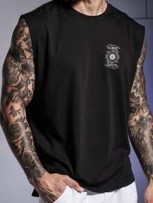 Men's Oversized Cotton Tank Top Printed Over Blouse With Hands Front And Back - Black - View 2