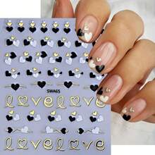 4pcs Love Theme Nail Stickers Set, Black White Golden Heart Patterns, Self-Adhesive Plastic Nail Art Decals With Glitter, Glossy Finish, Single Use Embellishments For Valentine'S Day - 彩色 - 查看 6