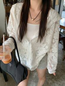 法式蕾丝拉链连帽轻便长袖外套，春夏季宽松休闲上衣 - 杏色 - 查看 4