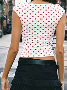 Womens Summer T Shirts Short Sleeve Crop Tops Boat Neck Dot Print Slim Fit Blouses - trắng - Xem 3