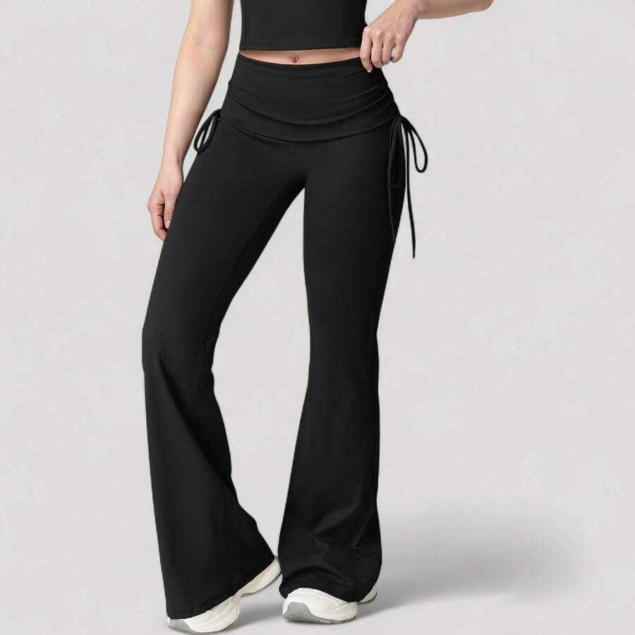 Women's Drawstring Ruched Waist Flared Leg Pants Stretch Fabric Active Yoga Lounge Bottoms - Small, Black - 黑色 - 查看 1