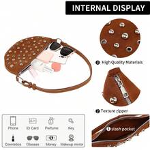 Street Punk Rivet Adjustable Shoulder Women's Crossbody Saddle Bag Fashion Women's Handbag, Made Of PU Material, With Zipper Closure - Coffee - View 5