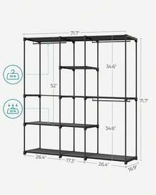 SONGMICS Portable Closet, Standing Closet Organizer, Clothes Rack With Shelves, Hanging Rods, Storage Organizer, For Cloakroom, Bedroom, 71.7 X 16.9 X 71.7 Inches, Black URYG037B02