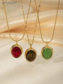 1pc French Fashion Tiger Eye, Turquoise, Ruby Stainless Steel Pendant Necklace, 18k Gold Plated Jewelry, Natural Stone Gemstone Gift, Suitable For Women's Daily Wear