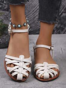 Giày sandal đế bệt tuyệt đẹp dành cho nữ, giày lười mũi kín mùa hè mới, giày ống thời trang & dép xăng đan La Mã kết hợp với váy - trắng - Xem 4