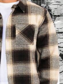 Mens Wool Blend Long Sleeve Button Down Shacket Checkered Plaid  Caual Jacket Without Tee Outerwear  Regular Fit    Button  Pocket - 棕色 - 查看 5