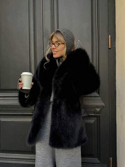 Women's Fashion Thermal Lined Lapel Mid-Length Coat, Solid Color Soft Plush Outerwear Suitable For Skiing, Dating, Holidays, Daily Wear, Travel, Airport, Autumn/Winter