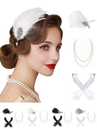 Juego de 3 piezas de tocado de plumas de los años 20, diadema de estilo flapper, accesorios para el cabello de la era del jazz, clip para el cabello, collar, guantes, accesorios para Halloween