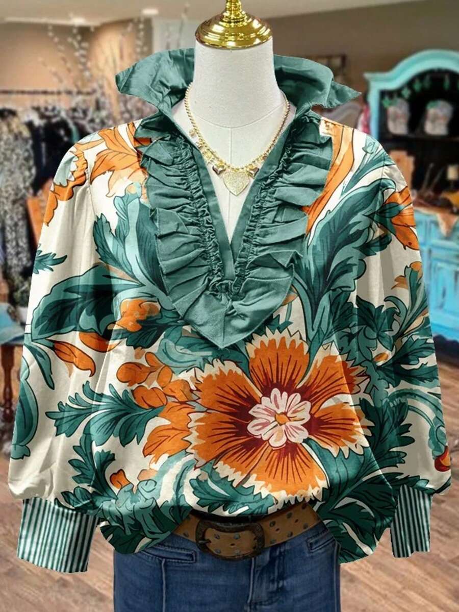 1Pcs Retro Ruffled Long-Sleeved Top, Green Floral Print, V-Neck/Lapel Collar, Cuff Stripes, Casual Shirt Top, Suitable For Any Occasion, Machine Washable, Autumn & Winter Women's Clothing - 綠色 - 查看 1