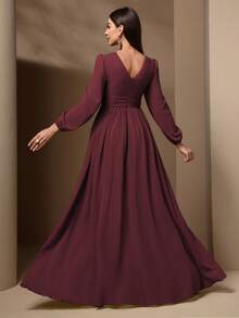 Vestido feminino com decote em V, manga comprida, cintura justa, verão - Borgonha - Ver 2