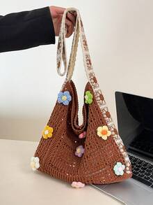 Vintage Hollow Floral Contrast Color Casual Crossbody Bag (Flower Color And Position Random) - Multicolor - View 9