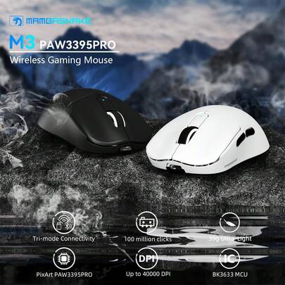 MAMBASNAKE ✖️ ATTACK SHARK M3 Kabellose Gaming Maus, 40.000 DPI, 39g leichte Gaming Maus, PAW3395PRO Optischer Sensor, Tri-Modus BT5.1/2.4G/USB-C PC Gaming Maus, programmierbare Tasten, 300mAh Akku für PC/Laptop