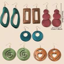 6 Pairs/Set, Colorful Laser Engraved Geometric Pattern Wooden Earrings, Suitable For Daily Casual Wear And Mother's Day - 6 Pairs - View 2