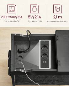 VASAGLE Mesa Auxiliar con Multienchufe, Mesa Lateral Estrecha con Puertos USB, Sacos, Mesita de Noche, para SalÓn, Dormitorio, Color Negro con Grano de Madera - Negro - Ver 3