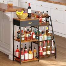 Liquor Cabinet Bar For Home With Drawer 3Tier Wine Rack Freestanding Floor And Wine Shelf With Step Design For Whiskey Spirits Vintage Mini Bar For Kitchen Apartment - RusticBrown - View 5