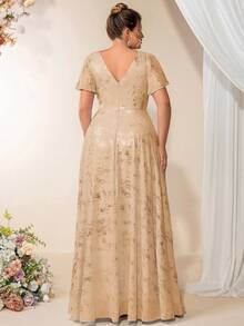 EVERPRETTY Elegant Chiffon Deep V-Neck Sequin Decor Ruffle Sleeve Champagne Bridesmaid Dress, Evening Gown - Champagne - View 2