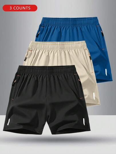 3 قطع شورتات رياضية كاجوال بخصر مطاطي للأولاد، لون أحادي، صيفي