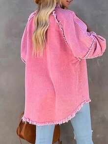 Plus Size Women Patchwork Fringe Denim Jacket Casual Pink Spring - Pink - View 5