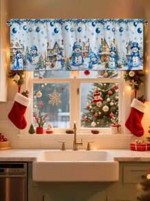 Cortina con tema navideño de 45*140cm, decoración de ventana - Cortina con patrón de pueblo nevado y muñeco de nieve de Navidad azul con bolsillo para barra, adecuada para cocina, dormitorio, oficina y decoración de sala de estar, material de poliéster, decoración navideña para todo el año