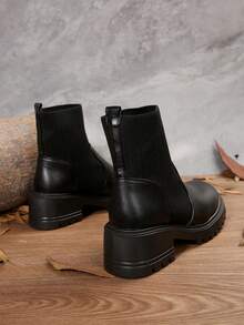 女士秋冬时尚黑色切尔西靴，复古弹力针织拼布短靴，舒适厚底靴，适合返校季、散步和日常穿着 - 黑色 - 查看 3