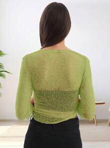 Womens Fish Net Knitted Tie Up Bolero Shrug Top Ladies 3/4 Sleeve One Size Fits All - Kiwi - View 5