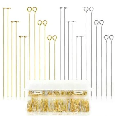 1 caja de 600 piezas de 3 tamaños de alfileres de cabeza plana y alfileres con ojo para la fabricación de joyas DIY, alfileres con cabeza recta y ojo de oro y plata para hacer joyas, pasadores de acero inoxidable para suministros de artesanía, pendientes, pulseras, collares y colgantes